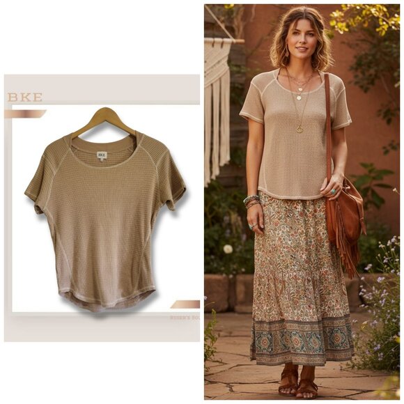 🌿​BKE Women's Small Beige Waffle Knit Short Sleeve Casual Top - Picture 1 of 12